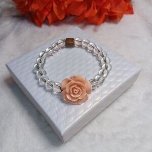 Elegant Pink Rose Beaded Bracelet with Clear Beads